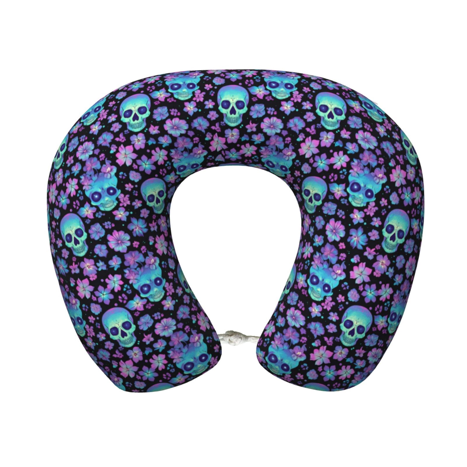 Xecao Funny Skull Flower Print Memory Foam Cervical Neck Pillow Versatile U-Shaped Pillows for Home,Office,Camping,Travelling,Soft Washable Cover