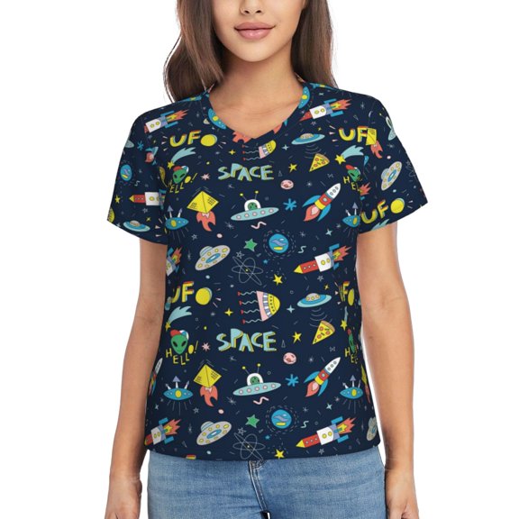 Xecao Funny Spaceships for Women's V-Neck T-Shirts-Elegant Half-Sleeve Tops Perfect for Summer-Large