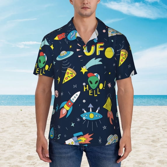 Xecao Funny Spaceships print Hawaiian shirt - a stylish short-sleeve button-down for men, perfect for casual beach and tropical outings.