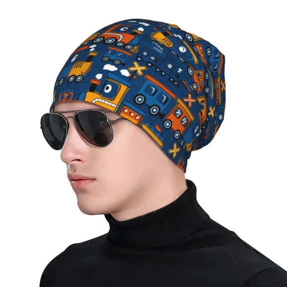 Xecao Funny Steam Train Print Beanie Knitted Hat for Men Women, Winter Fashion Knit Cuffed Caps Unisex