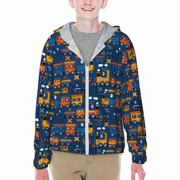 Xecao Funny Steam Train Print Fishing Shirts for teenager Long Sleeve UV Sun Protection Hoodie with Zipper Outdoor Hiking Shirts-Small