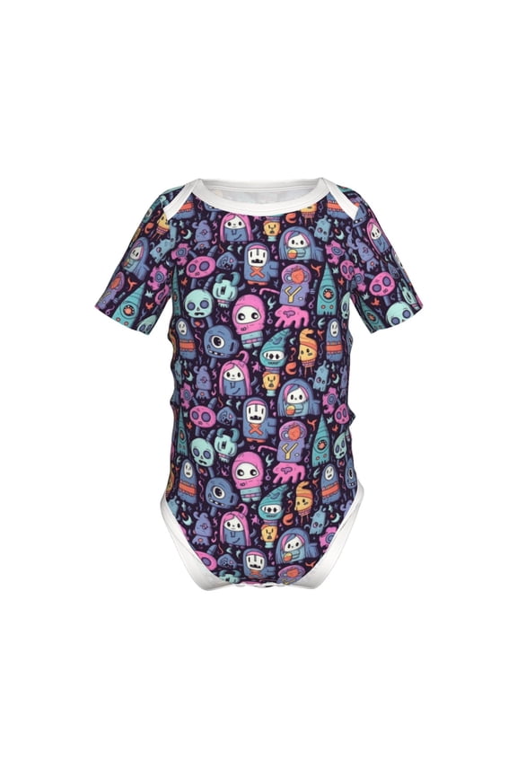 Funny colorful skull ghost Pattern Baby Climbing Bodysuit Short Sleeve Onesie Unisex 0-12 Months Baby Shirt Newborn Outfits Crotch snap design-