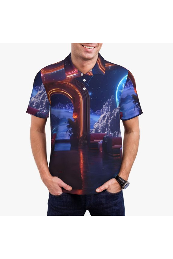 Futuristic Bar Space View Mens' Casual Short Sleeve Button-Down Polo Shirts for a Classic Golf Shirts-X-Large