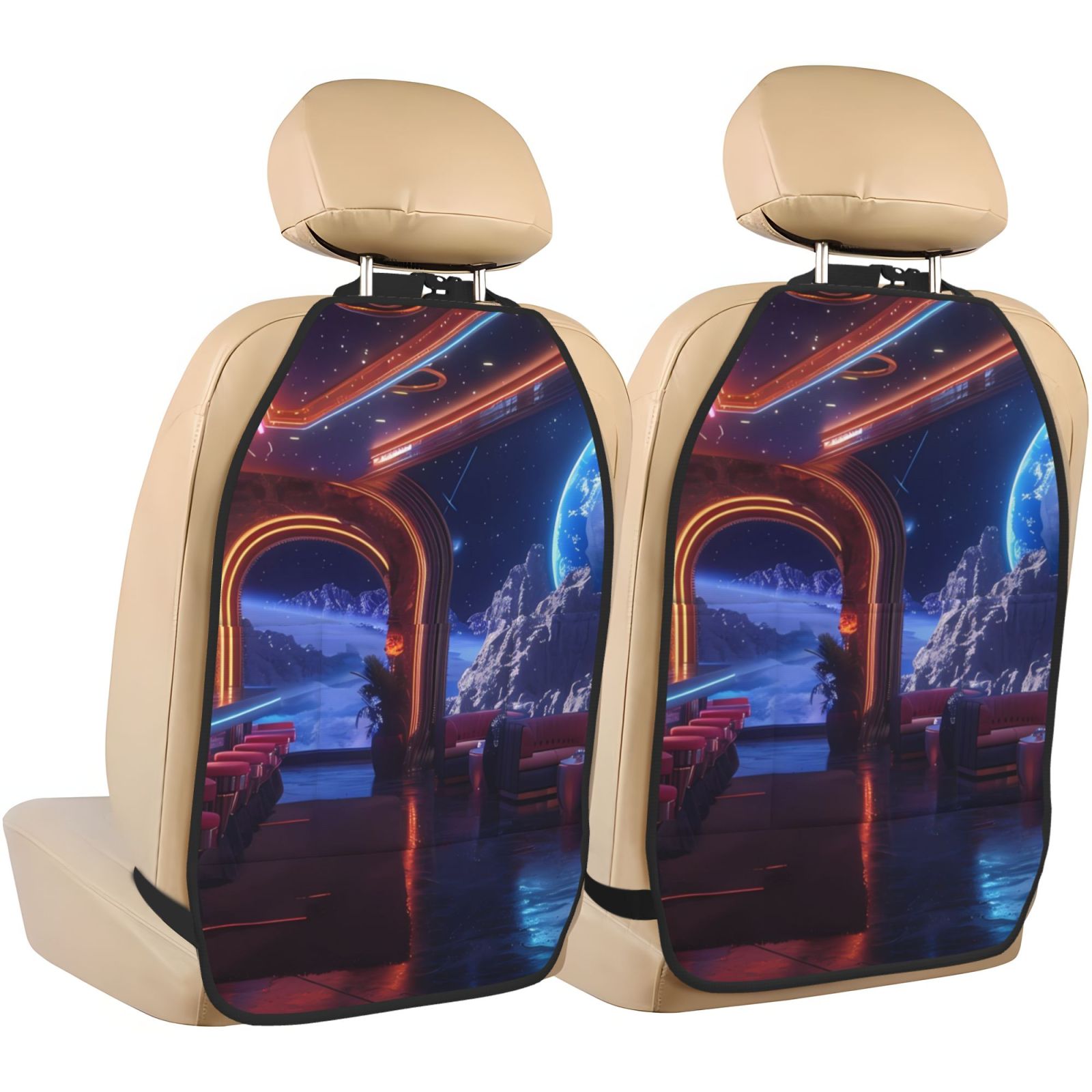 Xecao Futuristic Bar Space View Pattern Car Seat Back Protector 2 Pack Large Capacity Pocket, Kick Mats Back Seat Protector