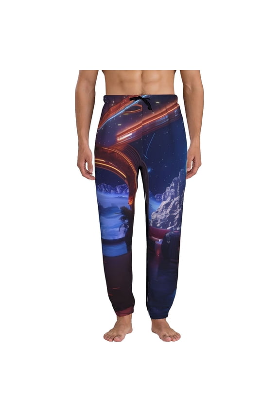 Futuristic Bar Space View Print Active Tech Joggers for Men, Mens Sweatpants Lounge Pants with Pockets-XX-Large
