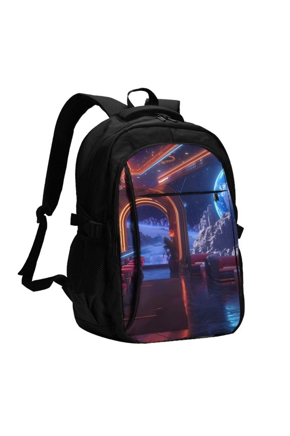 Futuristic Bar Space View for Travel Laptop Backpack, USB-Charging-Enabled, Spacious Business Backpack for Men and Women,College School Computer Bag