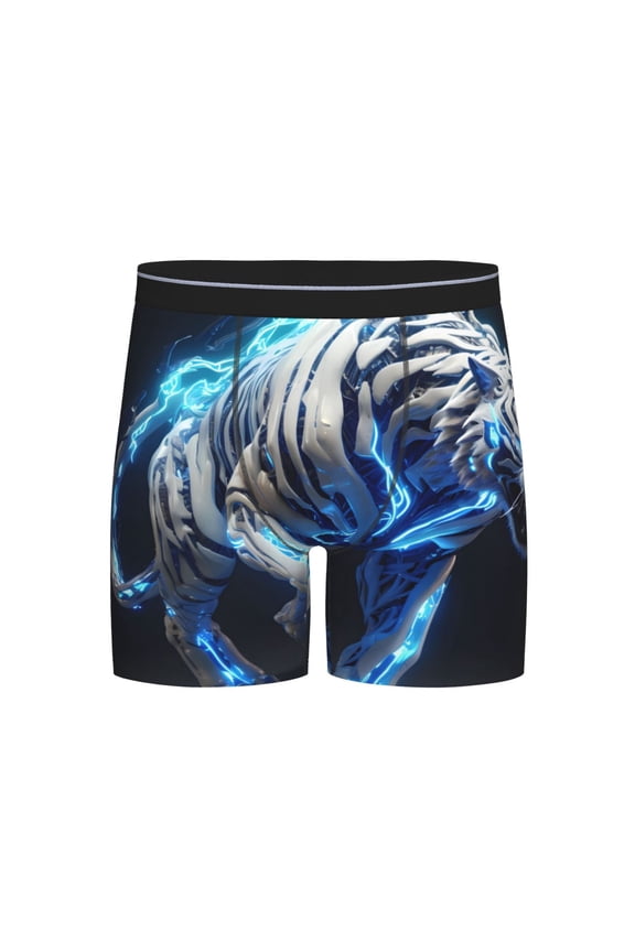 Futuristic Blue Light White Tiger Print Boxer Briefs for Men's Stretch Moisture-Wicking Underwear, Mid-Rise Classics breathable fabric