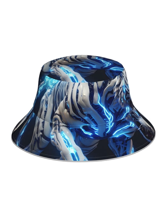 Futuristic Blue Light White Tiger Print Men and Women Night Reflective Hat Runner Cap Visor Bucket Hat Boonie Cap