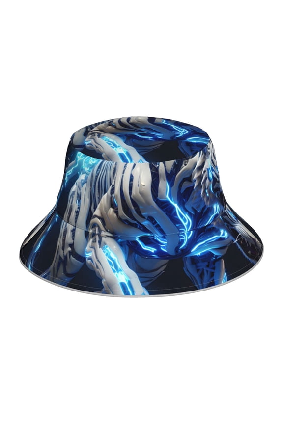 Futuristic Blue Light White Tiger Print Men and Women Night Reflective Hat Runner Cap Visor Bucket Hat Boonie Cap