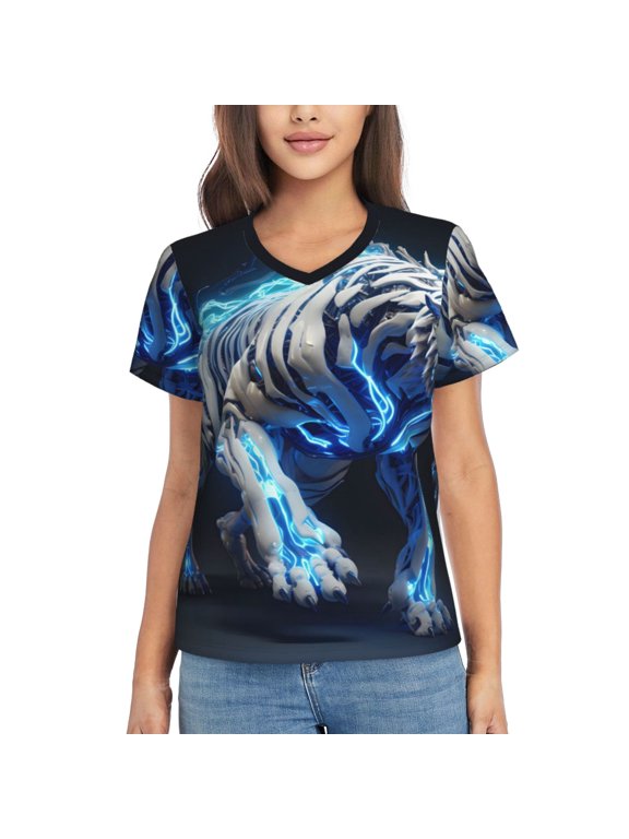 Futuristic Blue Light White Tiger for Women's V-Neck T-Shirts-Elegant Half-Sleeve Tops Perfect for Summer-Small