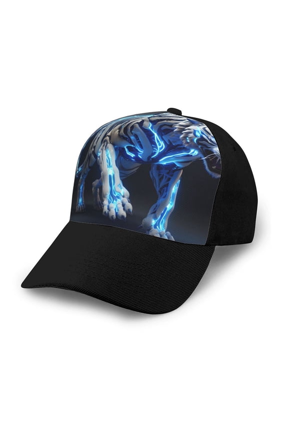 Futuristic Blue Light White Tiger print unisex vintage washed baseball cap, a soft and adjustable hat perfect for any casual style.