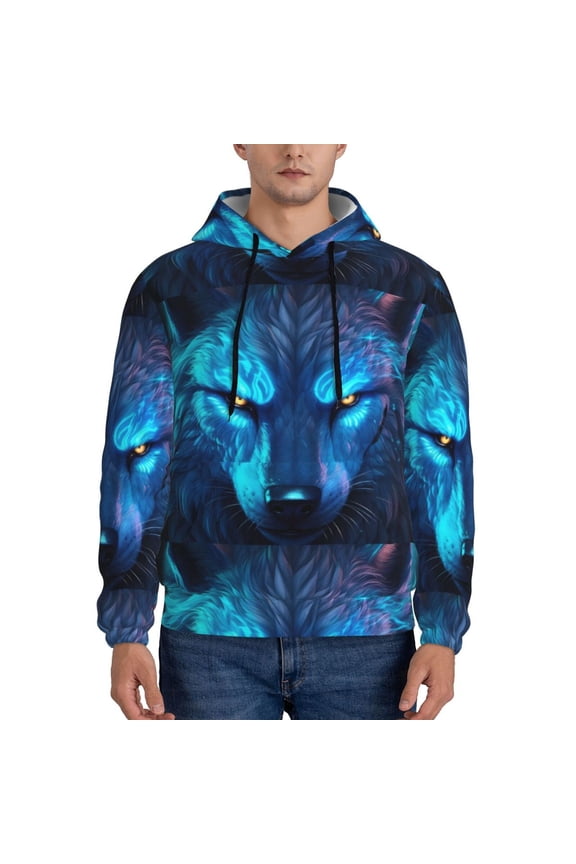Futuristic Blue Light Wolf Pattern Men's Adult Pullover Hoodie,Hooded Sweatshirt-X-Large