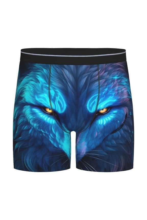 Futuristic Blue Light Wolf Print Boxer Briefs for Men's Stretch Moisture-Wicking Underwear, Mid-Rise Classics breathable fabric