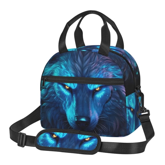 Xecao Futuristic Blue Light Wolf Print Insulated Lunch Box, Lunch Cags Lunch Bag Featuring An Adjustable Shoulder Strap