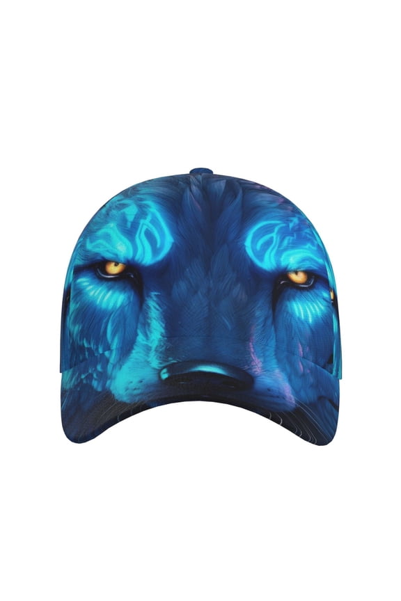 Futuristic Blue Light Wolf for Baseball Cap: Unisex, crafted from classic polyester twill fabric, featuring a soft unconstructed design