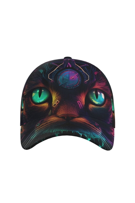 Futuristic Cat Warrior for Baseball Cap: Unisex, crafted from classic polyester twill fabric, featuring a soft unconstructed design