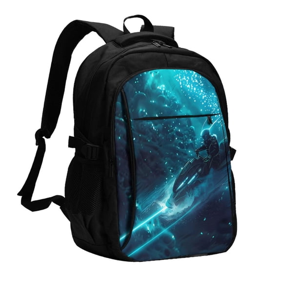 Xecao Futuristic Jet Ski Adventure for Travel Laptop Backpack, USB-Charging-Enabled, Spacious Business Backpack for Men and Women,College School Computer Bag