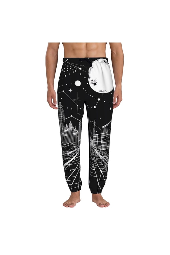 Futuristic Moonlit Cityscape Print Active Tech Joggers for Men, Mens Sweatpants Lounge Pants with Pockets-Medium