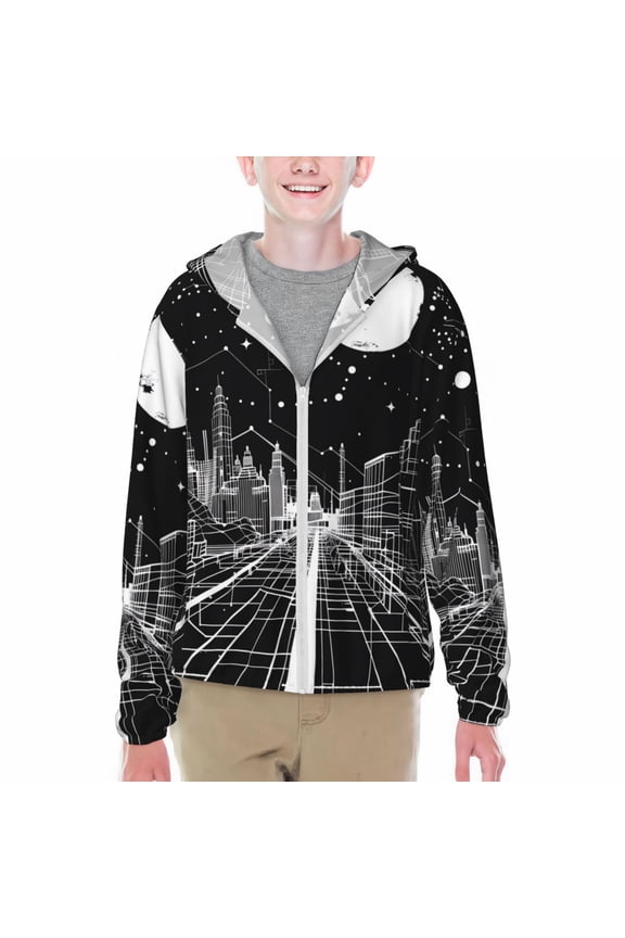 Futuristic Moonlit Cityscape Print Fishing Shirts for teenager Long Sleeve UV Sun Protection Hoodie with Zipper Outdoor Hiking Shirts-XX-Large