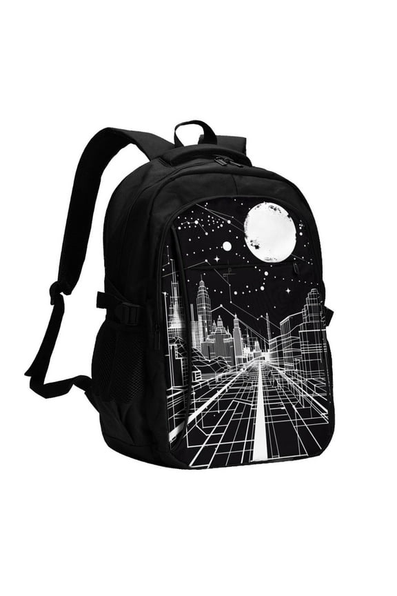 Futuristic Moonlit Cityscape for Travel Laptop Backpack, USB-Charging-Enabled, Spacious Business Backpack for Men and Women,College School Computer Bag