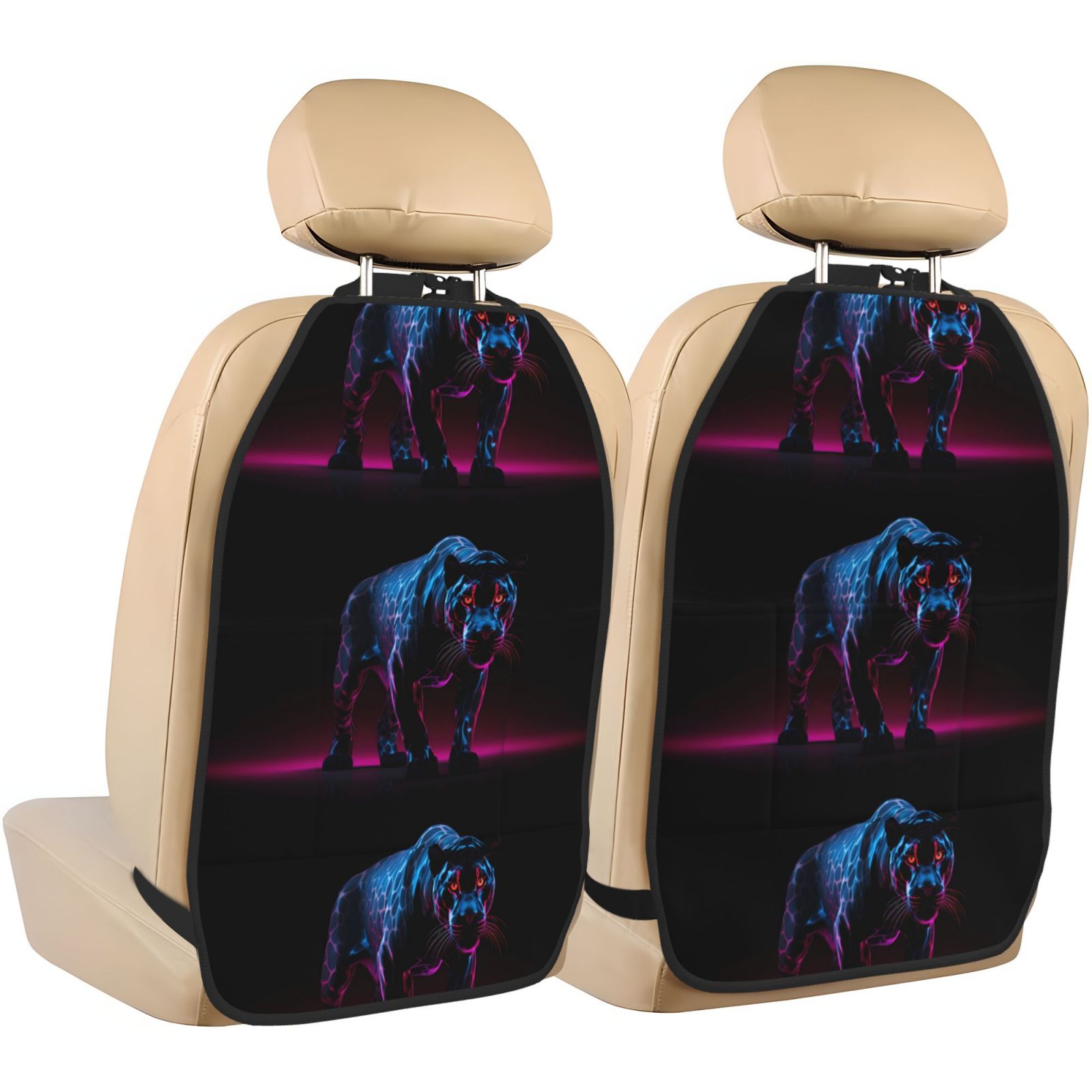Xecao Futuristic Purple Panther Pattern Car Seat Back Protector 2 Pack Large Capacity Pocket, Kick Mats Back Seat Protector