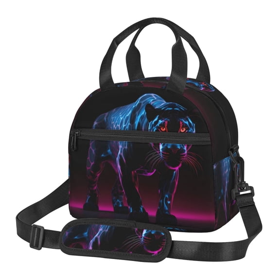 Xecao Futuristic Purple Panther Print Insulated Lunch Box, Lunch Cags Lunch Bag Featuring An Adjustable Shoulder Strap