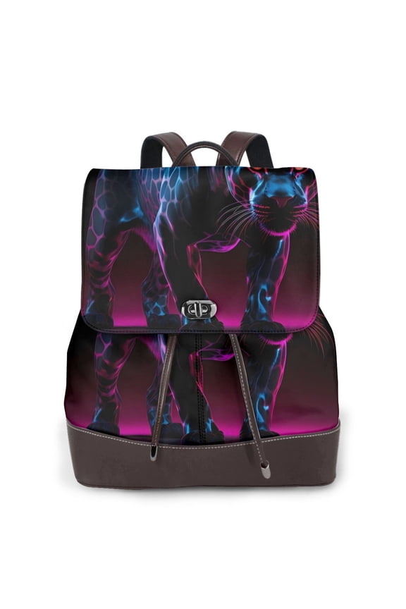 Futuristic Purple Panther Print Large Backpack Soft Leather for Women Travel with Compartment, Adjustable Convertible Strap