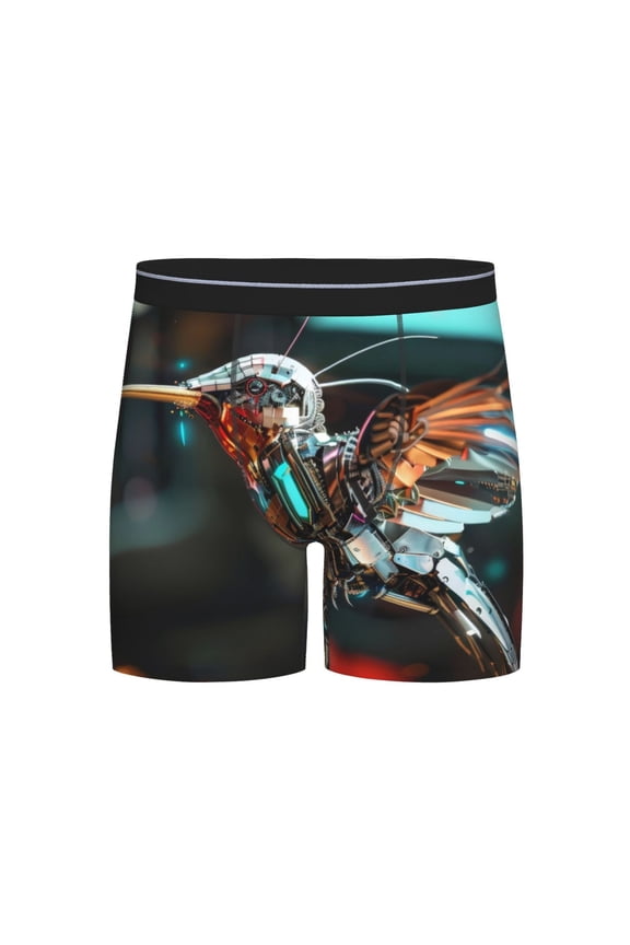 Futuristic Robot Hummingbird Print Boxer Briefs for Men's Stretch Moisture-Wicking Underwear, Mid-Rise Classics breathable fabric