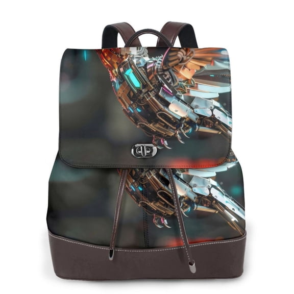 Xecao Futuristic Robot Hummingbird Print Large Backpack Soft Leather for Women Travel with Compartment, Adjustable Convertible Strap