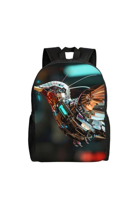 Futuristic Robot Hummingbird Print School Backpack with Laptop Compartment Small Travel Laptop Backpack for Women Men Waterproof College Backpack Simple School Bag