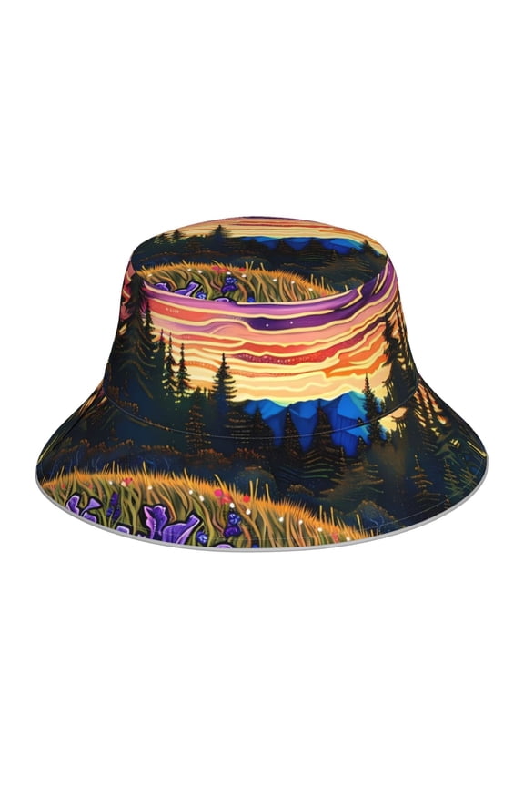 Galactic Night Over Meadow Print Men and Women Night Reflective Hat Runner Cap Visor Bucket Hat Boonie Cap