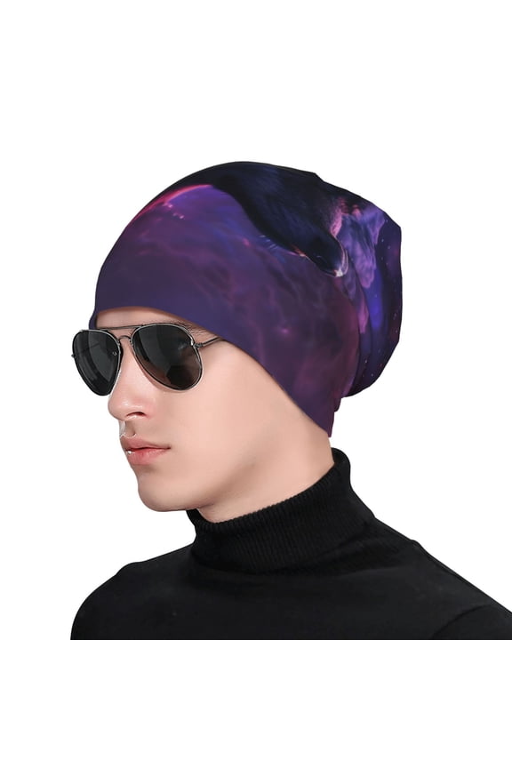 Galactic Wolf Stare Print Beanie Knitted Hat for Men Women, Winter Fashion Knit Cuffed Caps Unisex