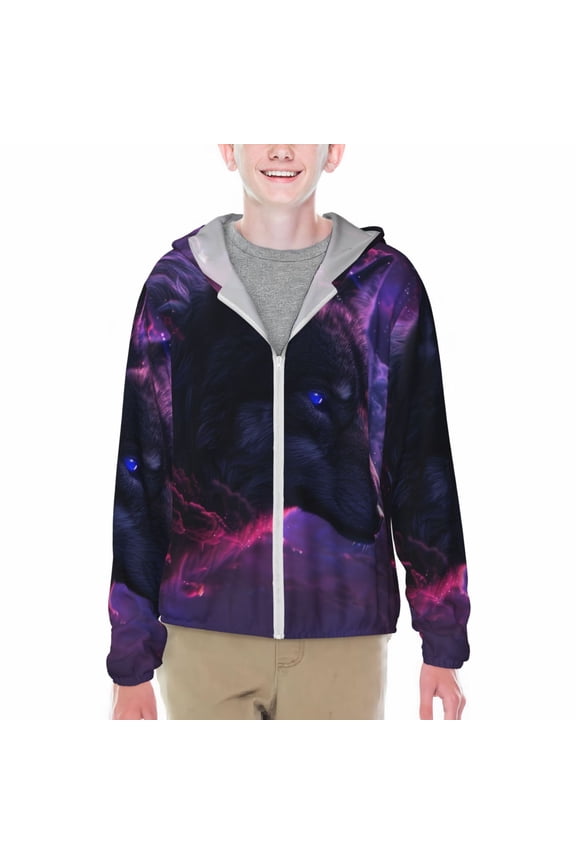 Galactic Wolf Stare Print Fishing Shirts for teenager Long Sleeve UV Sun Protection Hoodie with Zipper Outdoor Hiking Shirts-Large