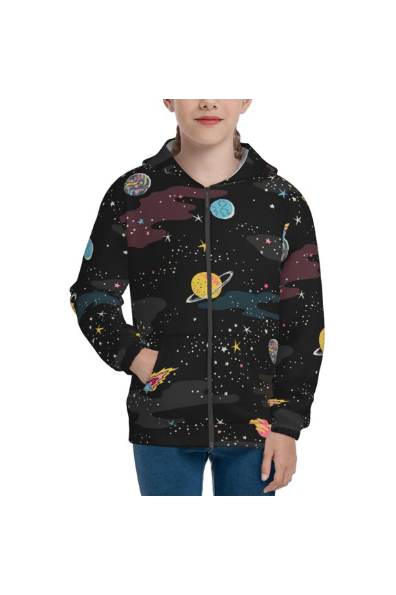 Galaxy Pattern Zip Up Hoodies for Boys Girls, Sweatshirt with Pockets-Small
