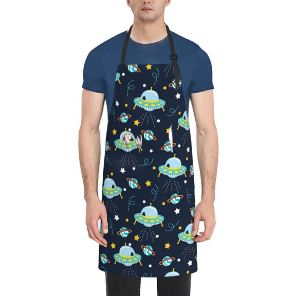 Xecao Galaxy With Ufo Print Kitchen Cooking Aprons, Waterproof Adjustable Bib Aprons with 2 Pockets for Women Men Chef