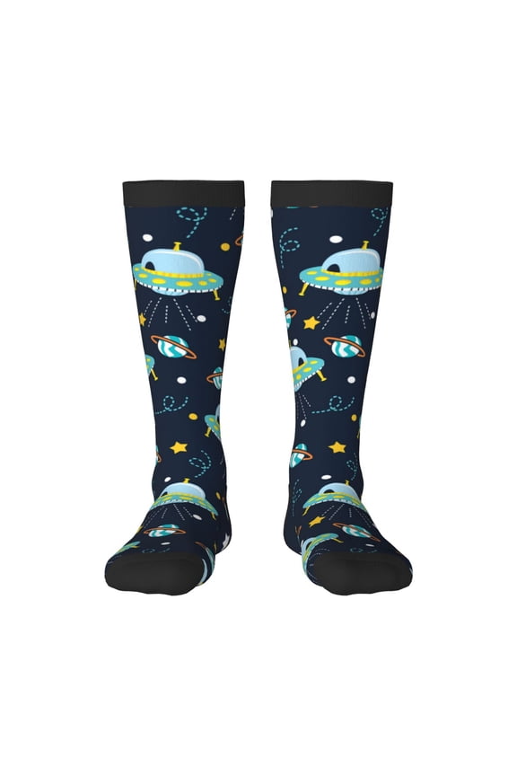Galaxy With Ufo print thigh-high socks, crafted for both men and women with a stretchy, high-opaque design perfect for daily wear