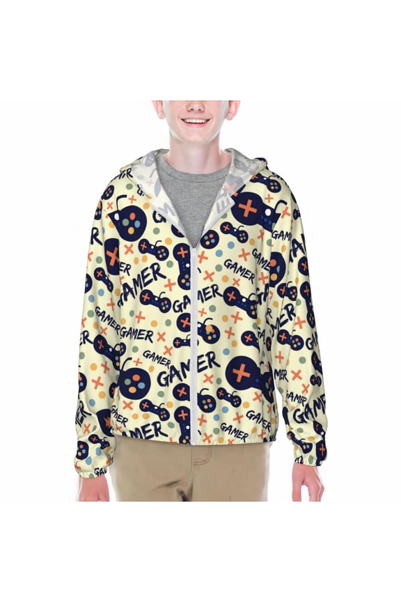 Game Controller Print Fishing Shirts for teenager Long Sleeve UV Sun Protection Hoodie with Zipper Outdoor Hiking Shirts-Medium