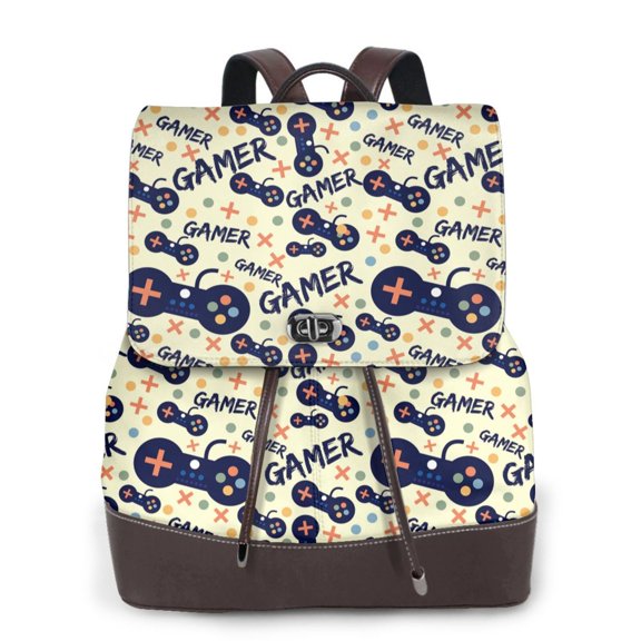 Xecao Game Controller Print Large Backpack Soft Leather for Women Travel with Compartment, Adjustable Convertible Strap