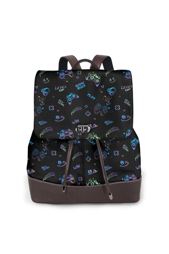 Gamepads Print Large Backpack Soft Leather for Women Travel with Compartment, Adjustable Convertible Strap