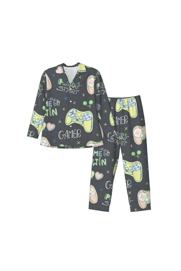 Gamers Print Pajamas Set Mens Pajamas Long Sleeve Loungewear Two-Piece Sleepwear Button-Down Pjs Set,2PJS-Large