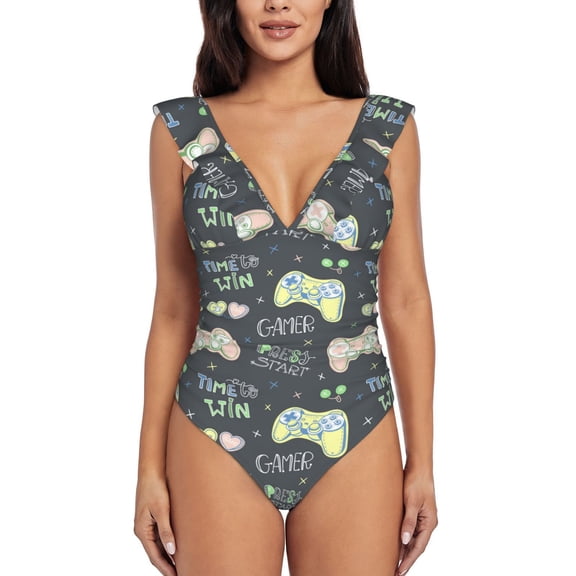 Xecao Gamers print Ruffle One-Piece Swimsuit for Women,for the Beach or Pool