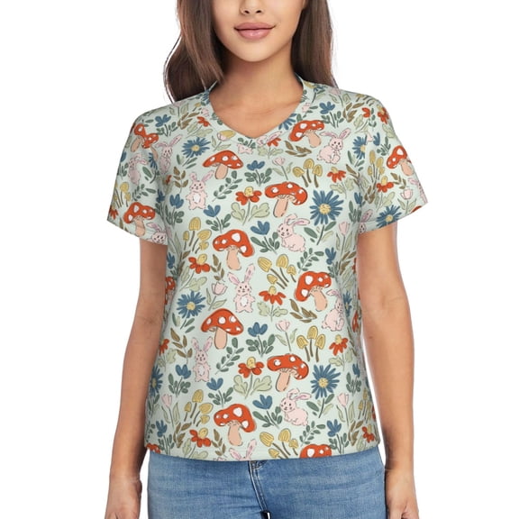 Xecao Garden Of Little Bunnies for Women's V-Neck T-Shirts-Elegant Half-Sleeve Tops Perfect for Summer-Small