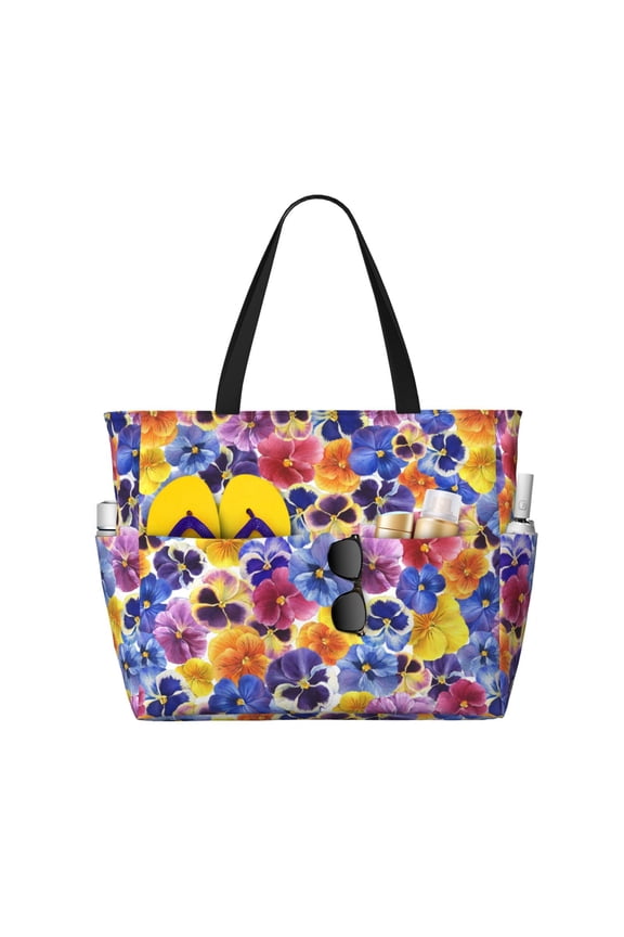 The Garden Tricolor Pansy Flower for versatile beach bag for women includes zipper pockets and waterproof material, ideal for vacations and adventures.