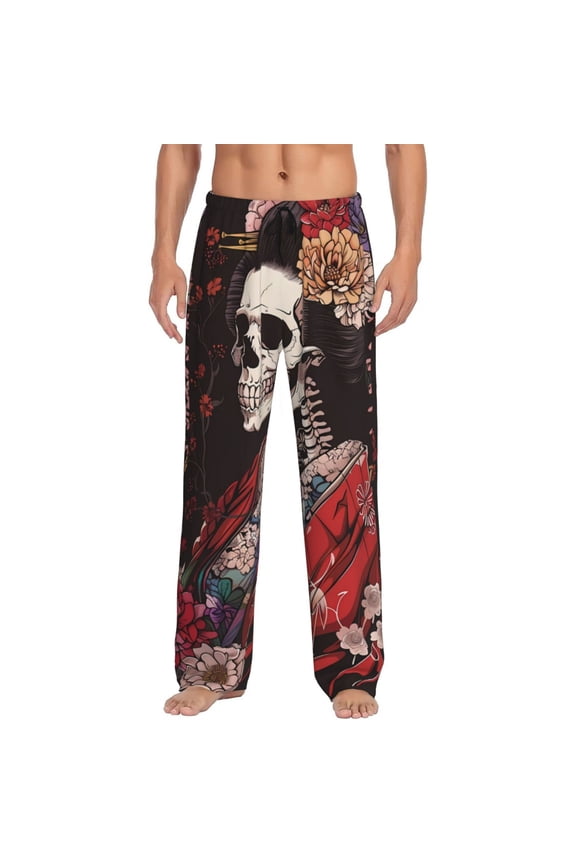 Geisha Skeleton With Flowers Print Men's Straight Lounge Pajama Pants - The Ultimate in Comfortable Sleepwear-Medium