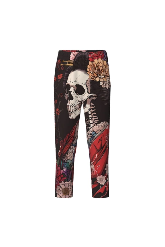 Geisha Skeleton With Flowers Print Teenagers' Pajama Pants Long Sleep Pants Soft Elastic Waist Pajama Bottoms Elastic waist with 2 Pockets 5-16 Years-Medium