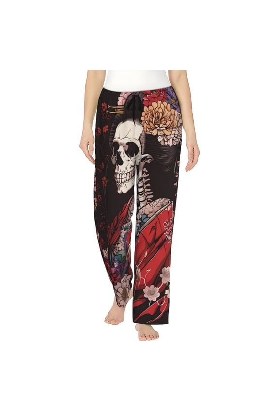 Geisha Skeleton With Flowers Print Women's Straight Lounge Pajama Pants,The Epitome of Relaxed Sleepwear-XX-Large