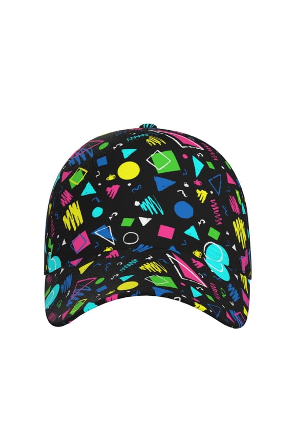 Geometric 1980s Styled for Baseball Cap: Unisex, crafted from classic polyester twill fabric, featuring a soft unconstructed design
