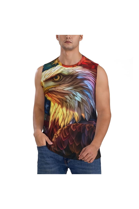 Geometric American Bald Eagle Print Men's Tank Top: Sleek Sleeveless Tee for Casual Sports and Beach Occasions-Large