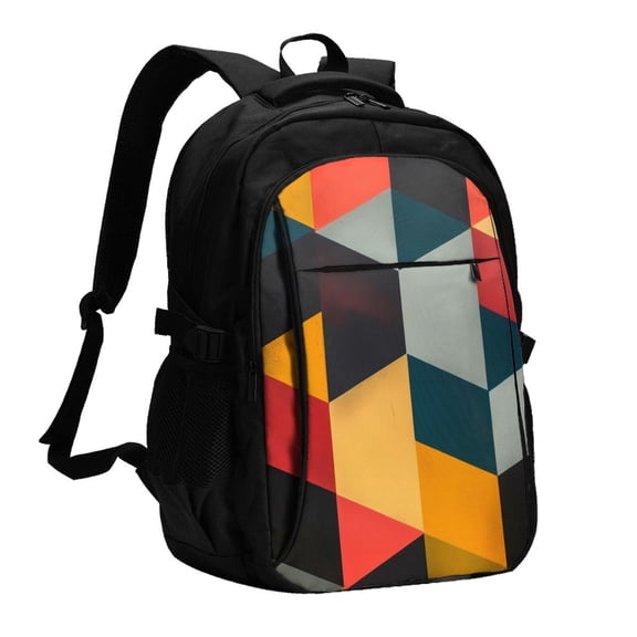 Xecao Geometric Cube Pattern Art for Travel Laptop Backpack, USB-Charging-Enabled, Spacious Business Backpack for Men and Women,College School Computer Bag