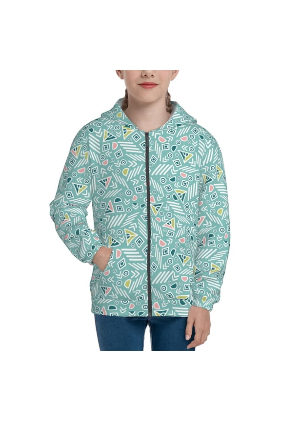 Geometric Elements Pattern Zip Up Hoodies for Boys Girls, Sweatshirt with Pockets-Medium